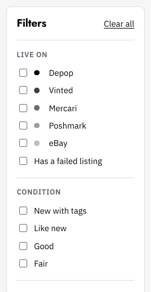 Closet filters: live on each site, failed listings, condition