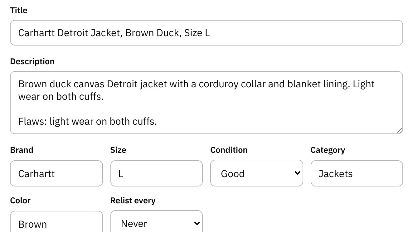 The add-item form after Fill in from photos: title, description, brand, size, condition, category and color filled in
