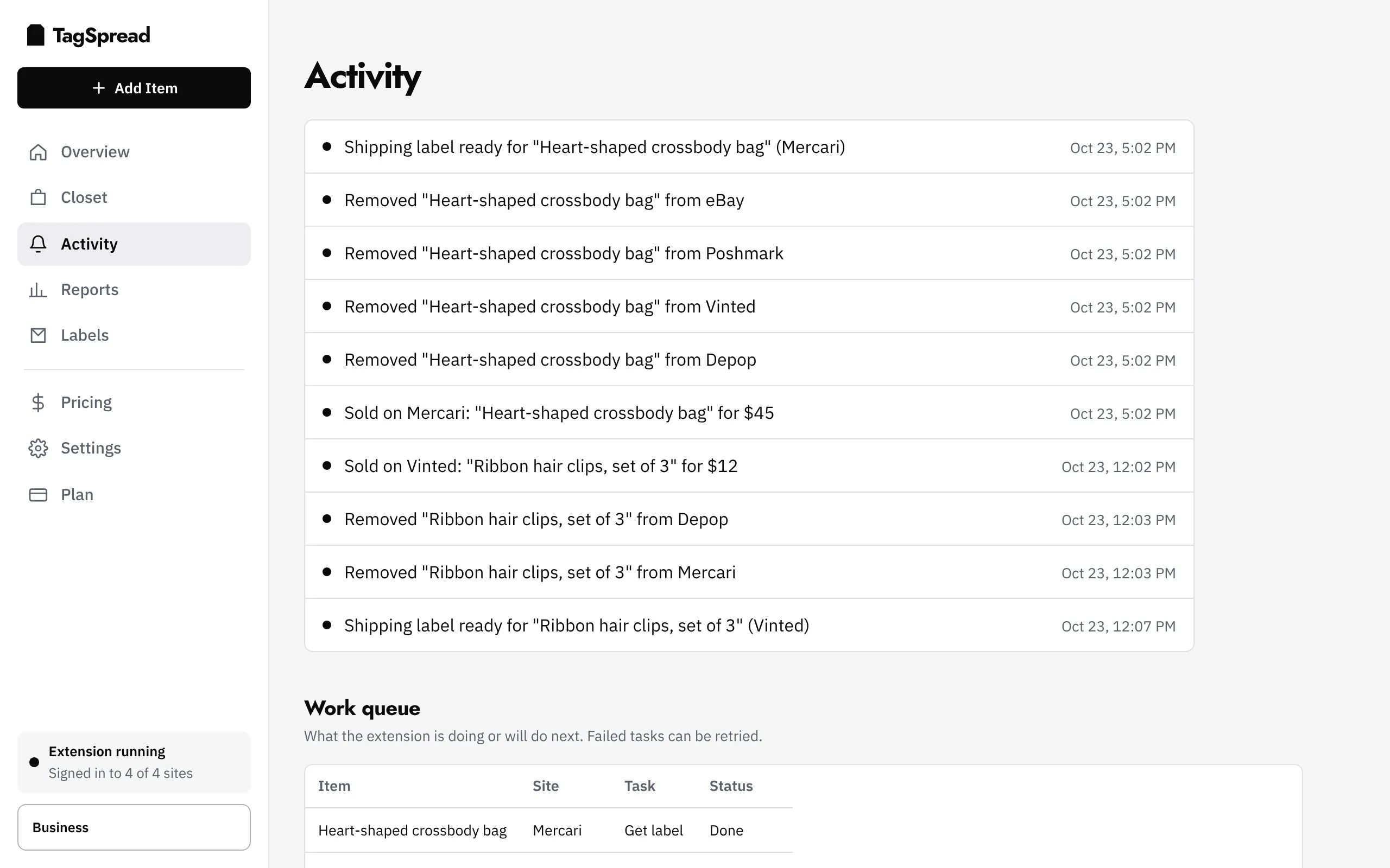 Activity: every listing, sale and take-down with its time