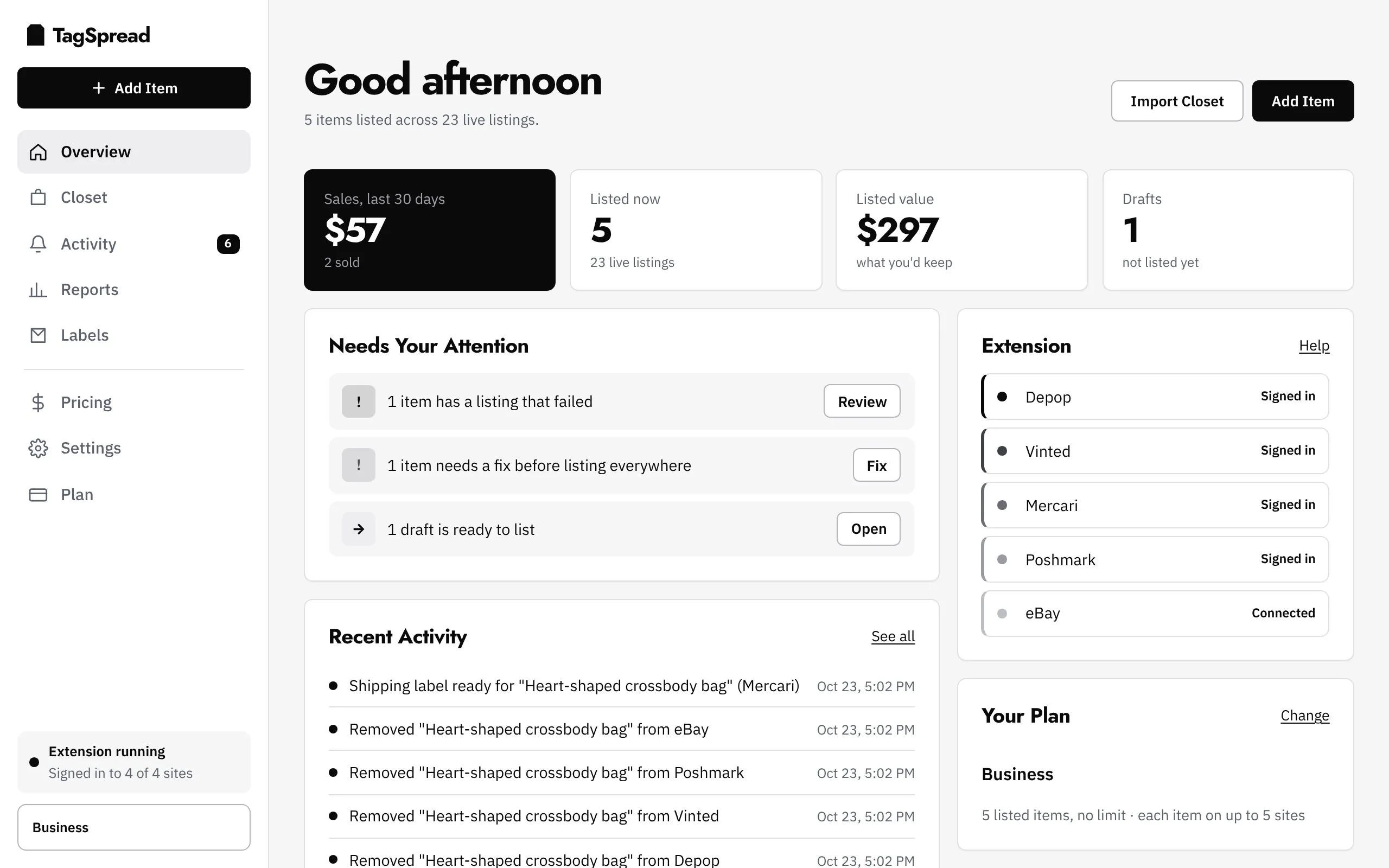 Overview: sales in the last 30 days, what needs attention, recent activity and which sites you're signed in to