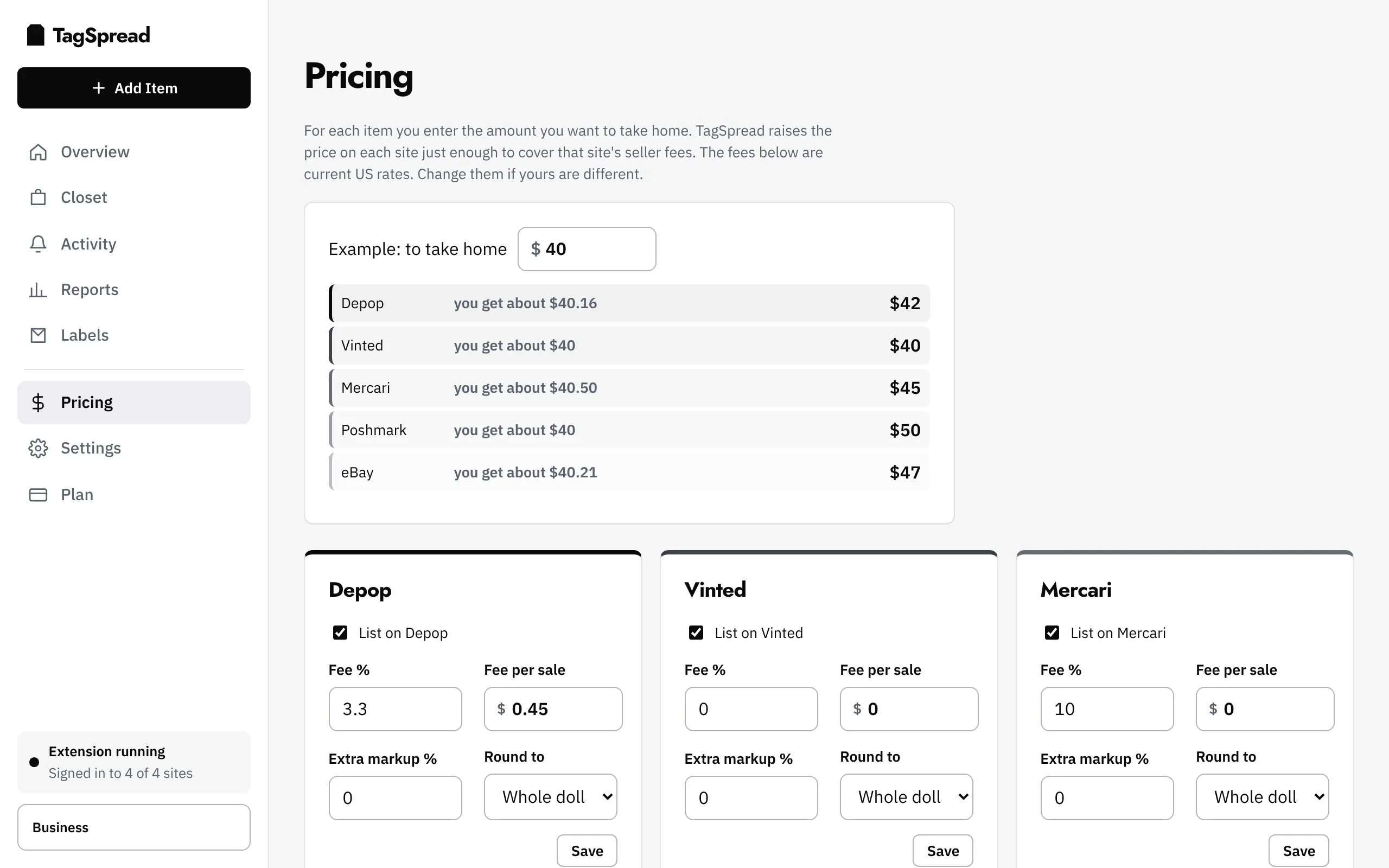 Pricing: the fee and rounding used for each site
